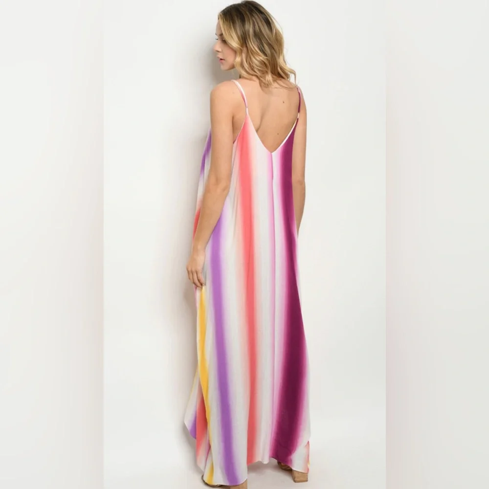 Rainbow color striped maxi dress with pockets - Picture 3 of 6
